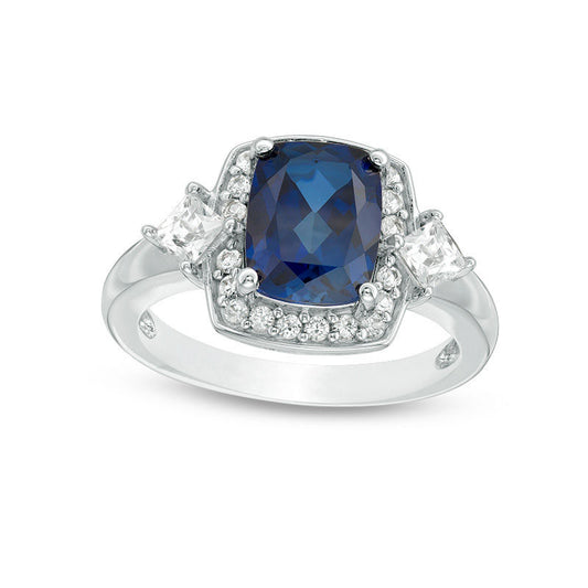 Cushion-Cut Lab-Created Blue and White Sapphire Frame Ring in Sterling Silver - Size 7
