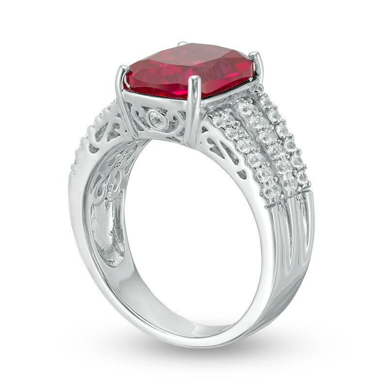 Cushion-Cut Lab-Created Ruby and White Sapphire Multi-Row Ring in Sterling Silver - Size 7