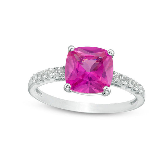 8.0mm Cushion-Cut Lab-Created Pink and White Sapphire Ring in Sterling Silver - Size 7