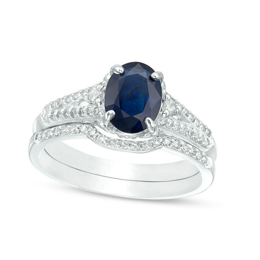 Oval Blue Sapphire and 0.33 CT. T.W. Natural Diamond Bridal Engagement Ring Set in Solid 14K White Gold