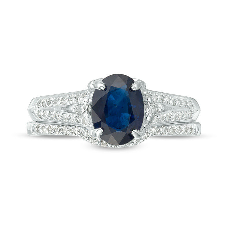 Oval Blue Sapphire and 0.33 CT. T.W. Natural Diamond Bridal Engagement Ring Set in Solid 14K White Gold