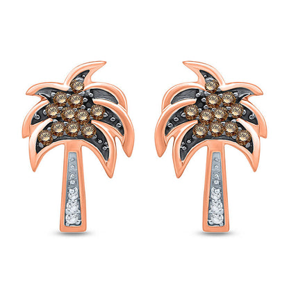 0.13 CT. T.W. Champagne and White Diamond Palm Tree Stud Earrings in 10K Rose Gold