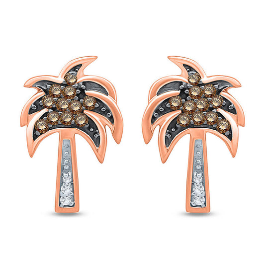 0.13 CT. T.W. Champagne and White Diamond Palm Tree Stud Earrings in 10K Rose Gold