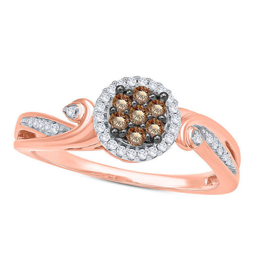 0.25 CT. T.W. Champagne and White Composite Natural Diamond Frame Swirl Promise Ring in Solid 10K Rose Gold