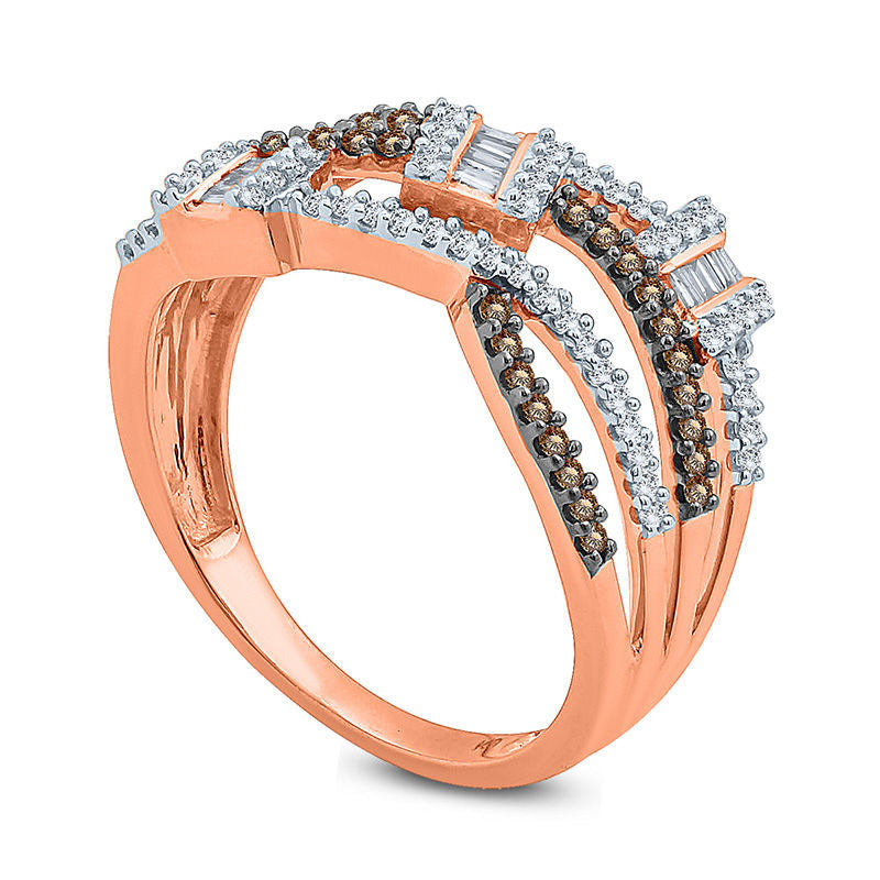 0.50 CT. T.W. Champagne and White Natural Diamond Three Stone Cluster Multi-Row Wave Ring in Solid 10K Rose Gold