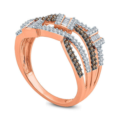 0.50 CT. T.W. Champagne and White Natural Diamond Three Stone Cluster Multi-Row Wave Ring in Solid 10K Rose Gold