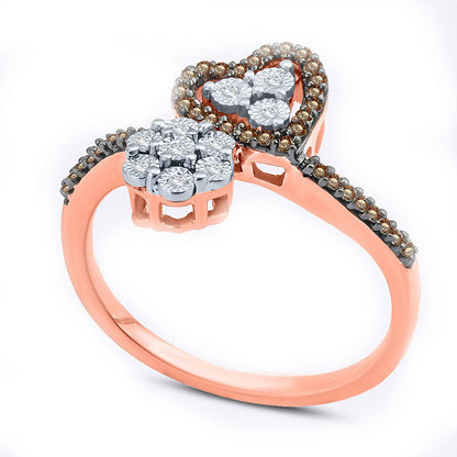 0.20 CT. T.W. Champagne and White Natural Diamond Bypass Heart and Flower Cluster Ring in Solid 10K Rose Gold