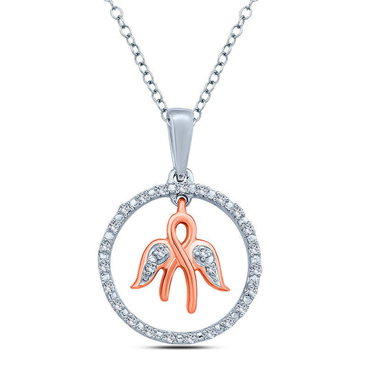 0.05 CT. T.W. Natural Diamond Ribbon with Angel Wings Dangle and Circle Pendant in Sterling Silver with 14K Rose Gold Plate