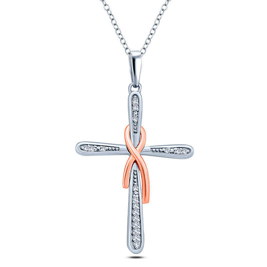 0.05 CT. T.W. Natural Diamond Awareness Ribbon and Cross Pendant in Sterling Silver with 14K Rose Gold Plate