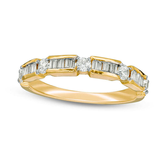 0.50 CT. T.W. Baguette and Round Natural Diamond Alternating Wedding Band in Solid 10K Yellow Gold