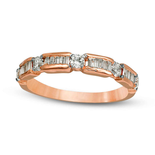 0.50 CT. T.W. Baguette and Round Natural Diamond Alternating Wedding Band in Solid 10K Rose Gold