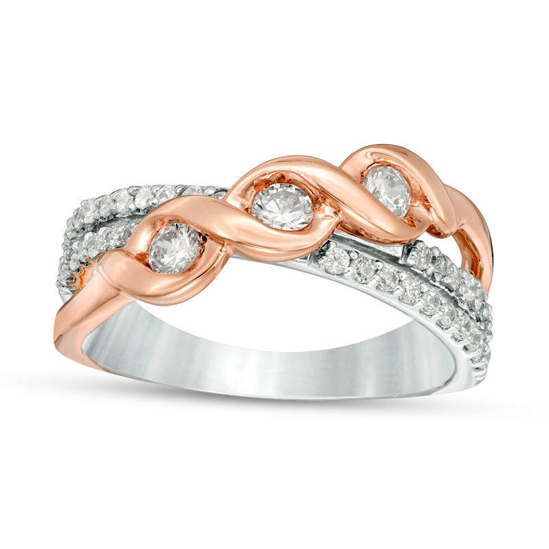 0.50 CT. T.W. Natural Diamond Three Stone Twist Crossover Multi-Row Ring in Solid 10K Two-Tone Gold