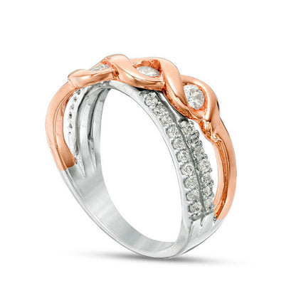 0.50 CT. T.W. Natural Diamond Three Stone Twist Crossover Multi-Row Ring in Solid 10K Two-Tone Gold
