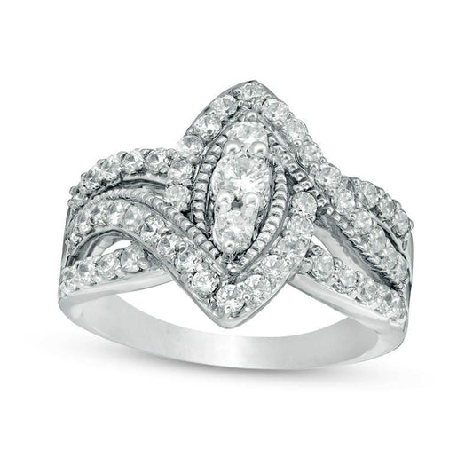 1.0 CT. T.W. Natural Diamond Bypass Marquise Frame Antique Vintage-Style Engagement Ring in Solid 10K White Gold