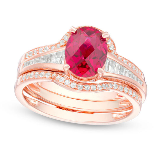 Oval Lab-Created Ruby and White Sapphire Bridal Engagement Ring Set in Sterling Silver with Rose Rhodium