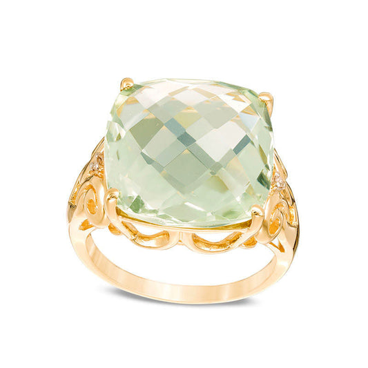 15.0mm Cushion-Cut Green Quartz and Natural Diamond Accent Scroll Ring in Solid 10K Yellow Gold