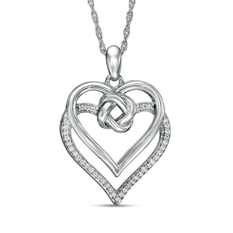 0.1 CT. T.W. Natural Diamond Love Knot Double Heart Pendant in Sterling Silver