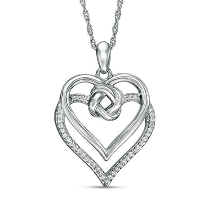 0.1 CT. T.W. Natural Diamond Love Knot Double Heart Pendant in Sterling Silver