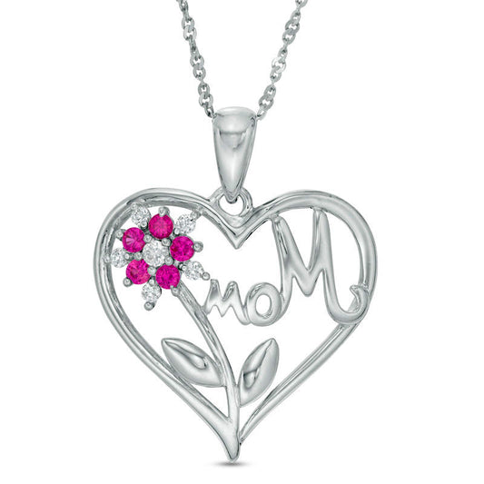 Lab-Created Ruby and White Sapphire "Mom" Flower Heart Pendant in Sterling Silver