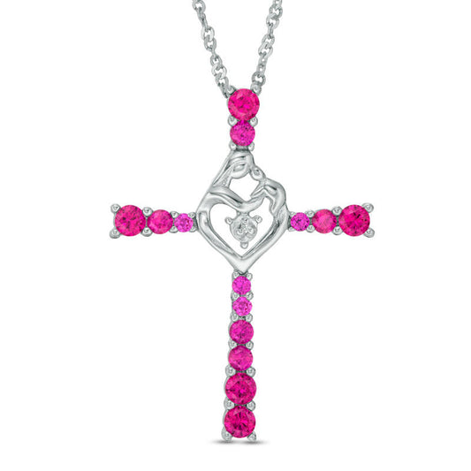 Lab-Created Ruby and Diamond Accent Motherly Love Cross Pendant in Sterling Silver