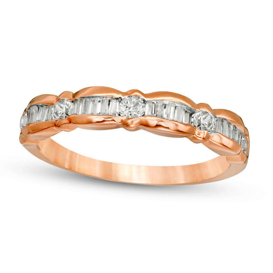 0.33 CT. T.W. Baguette and Round Natural Diamond Scallop Wedding Band in Solid 10K Rose Gold