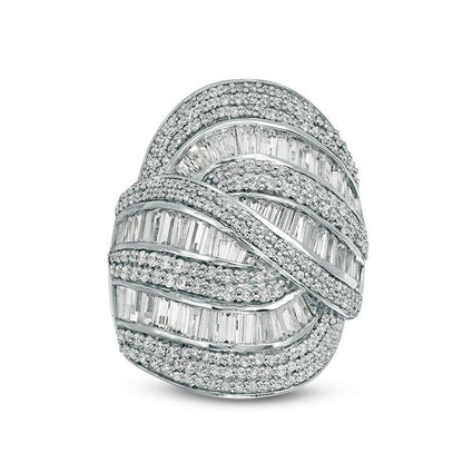 5 CT. T.W. Baguette and Round Natural Diamond Multi-Row Bypass Ring in Solid 14K White Gold