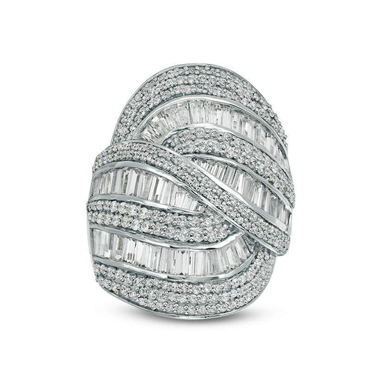 5 CT. T.W. Baguette and Round Natural Diamond Multi-Row Bypass Ring in Solid 14K White Gold