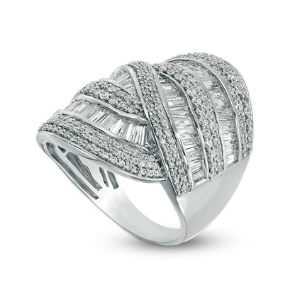 5 CT. T.W. Baguette and Round Natural Diamond Multi-Row Bypass Ring in Solid 14K White Gold