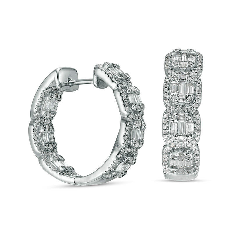 2 CT. T.W. Baguette and Round Diamond Inside-Out Hoop Earrings in 14K White Gold