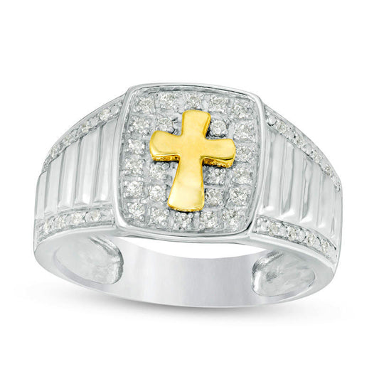 Men's 0.33 CT. T.W. Natural Diamond Cross Signet Ring in Solid 10K Two-Tone Gold