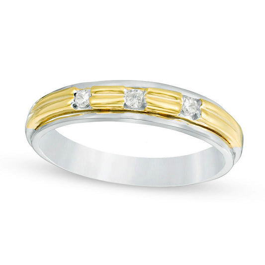 Men's 0.10 CT. T.W. Natural Diamond Three Stone Wedding Band in Solid 10K Two-Tone Gold