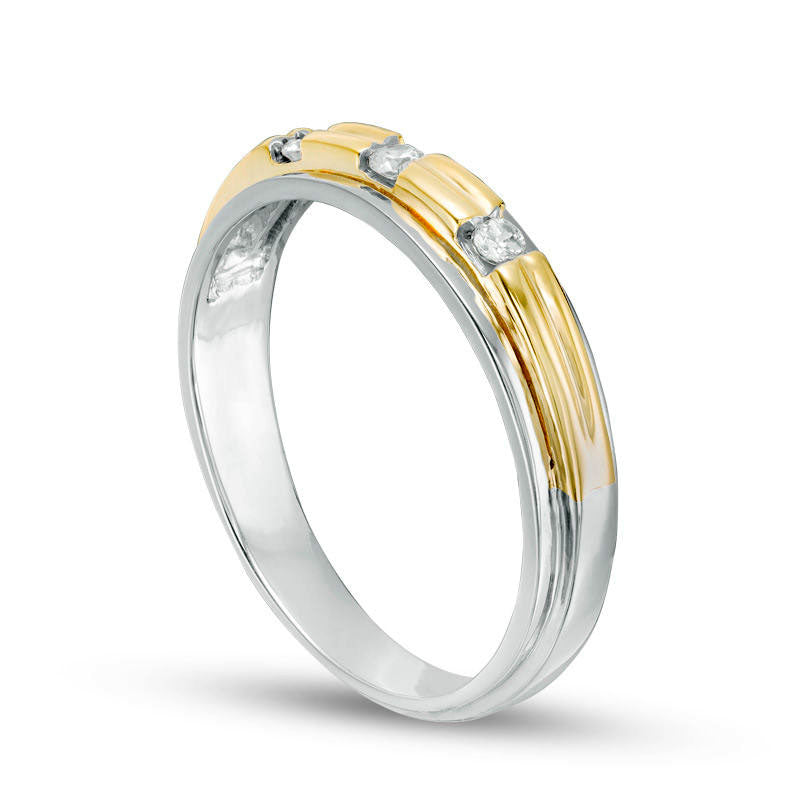 Men's 0.10 CT. T.W. Natural Diamond Three Stone Wedding Band in Solid 10K Two-Tone Gold