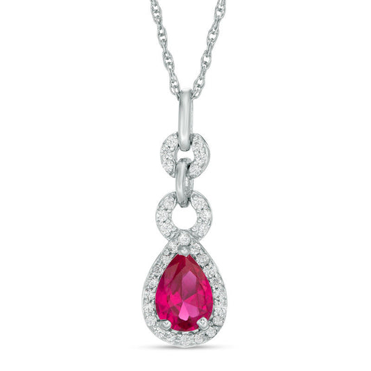 Pear-Shaped Lab-Created Ruby and 0.1 CT. T.W. Diamond Beaded Double Drop Pendant in Sterling Silver