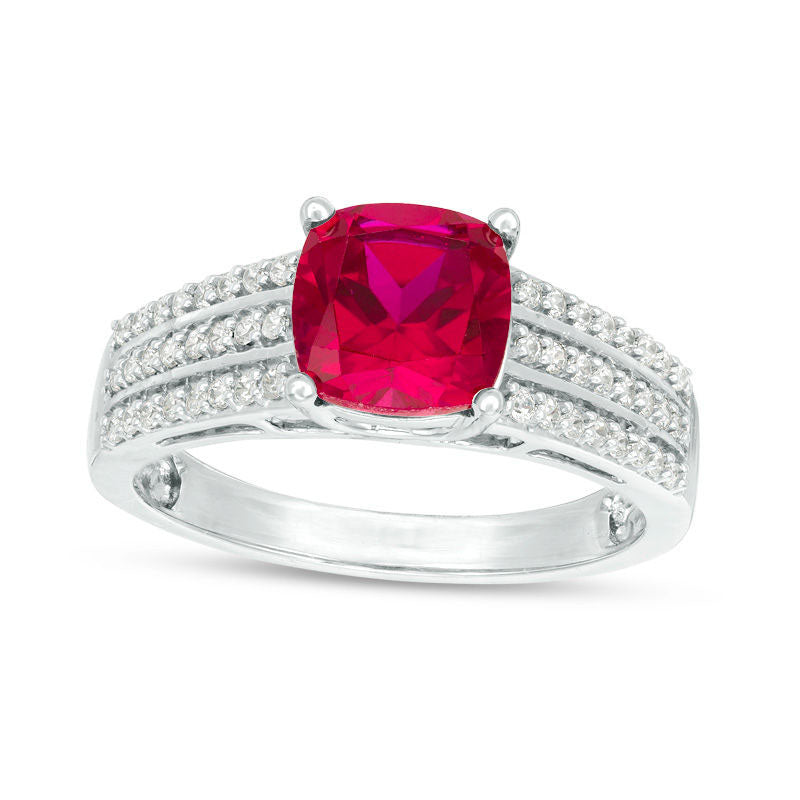 7.0mm Cushion-Cut Lab-Created Ruby and 0.25 CT. T.W. Diamond Triple Row Ring in Solid 10K White Gold