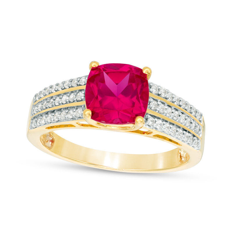 7.0mm Cushion-Cut Lab-Created Ruby and 0.25 CT. T.W. Diamond Triple Row Ring in Solid 10K White, Yellow or Rose Gold