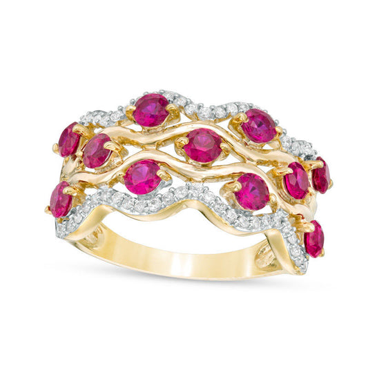 3.0mm Lab-Created Ruby and 0.25 CT. T.W. Diamond Multi-Row Wave Ring in Solid 10K Yellow Gold