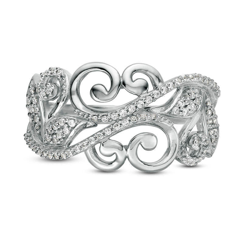 0.20 CT. T.W. Natural Diamond Scroll Vine with Leaves Anniversary Band in Solid 10K White Gold