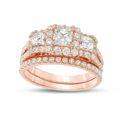 2.20 CT. T.W. Princess-Cut Natural Diamond Three Stone Frame Bridal Engagement Ring Set in Solid 14K Rose Gold