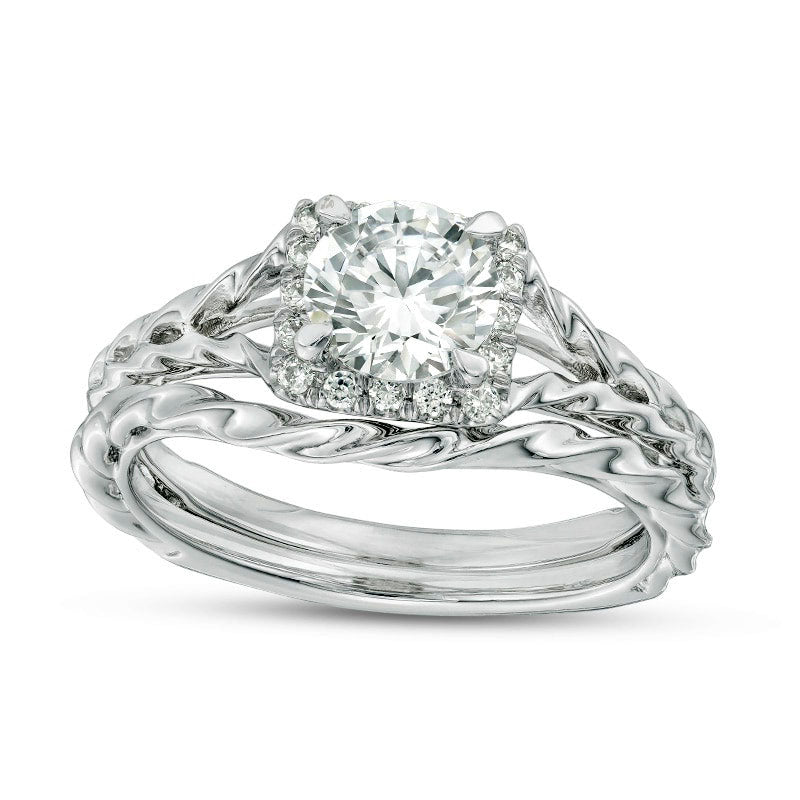 1.17 CT. T.W. Natural Diamond Square Frame Twist Rope Bridal Engagement Ring Set in Solid 14K White Gold