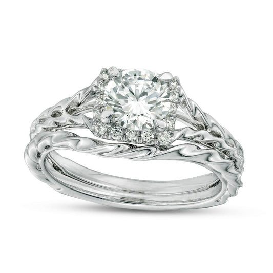1.17 CT. T.W. Natural Diamond Square Frame Twist Rope Bridal Engagement Ring Set in Solid 14K White Gold