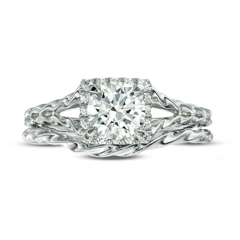 1.17 CT. T.W. Natural Diamond Square Frame Twist Rope Bridal Engagement Ring Set in Solid 14K White Gold