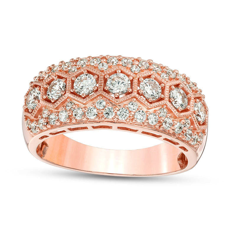 1.0 CT. T.W. Natural Diamond Seven Stone Hexagon Frame Antique Vintage-Style Anniversary Band in Solid 10K Rose Gold