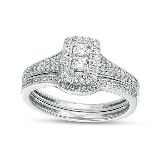 0.38 CT. T.W. Natural Diamond Rectangle Frame Antique Vintage-Style Bridal Engagement Ring Set in Solid 14K White Gold