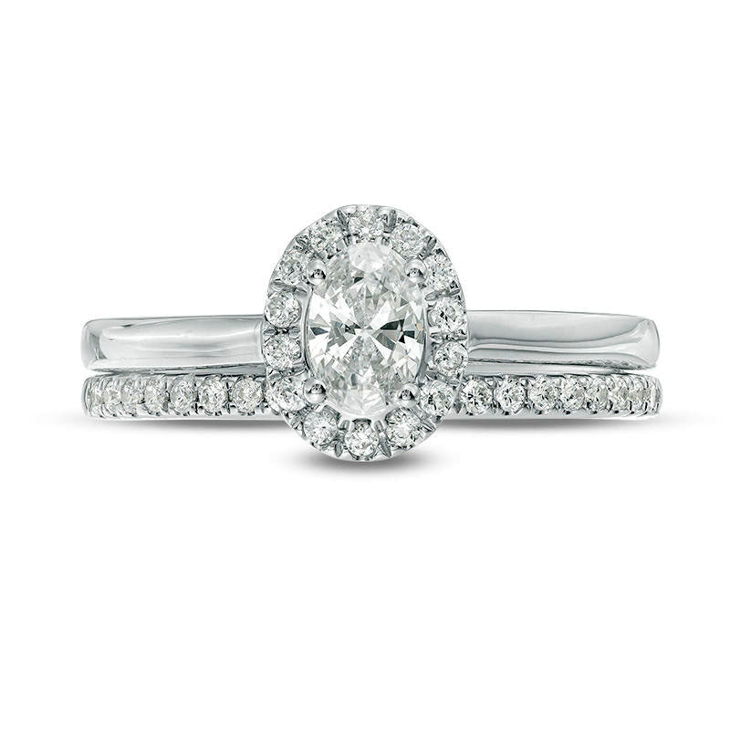 0.75 CT. T.W. Oval Natural Diamond Frame Bridal Engagement Ring Set in Solid 14K White Gold