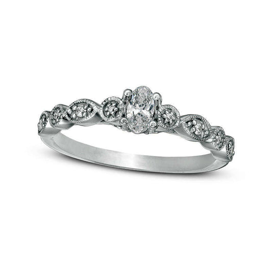 0.33 CT. T.W. Oval Natural Diamond Antique Vintage-Style Engagement Ring in Solid 14K White Gold