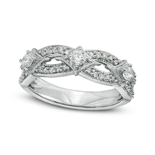 0.50 CT. T.W. Natural Diamond Three Stone Contour Antique Vintage-Style Anniversary Band in Solid 14K White Gold