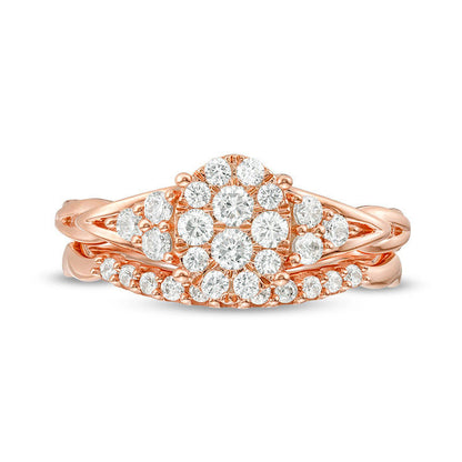 0.63 CT. T.W. Composite Natural Diamond Oval Tri-Sides Layered Braid Shank Bridal Engagement Ring Set in Solid 14K Rose Gold