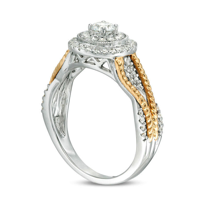 0.50 CT. T.W. Natural Diamond Double Frame Layered Rope Shank Antique Vintage-Style Engagement Ring in Solid 14K Two-Tone Gold