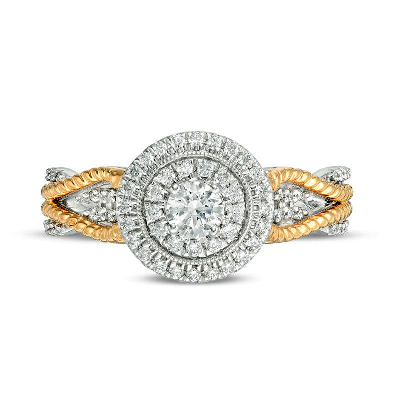 0.50 CT. T.W. Natural Diamond Double Frame Layered Rope Shank Antique Vintage-Style Engagement Ring in Solid 14K Two-Tone Gold