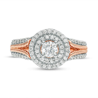 0.75 CT. T.W. Natural Diamond Double Frame Rope Shank Engagement Ring in Solid 14K Rose Gold